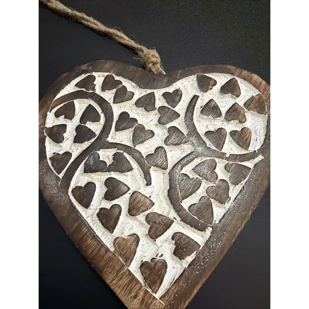 Hand Carved Mango Wood Hanging Heart Wall Art